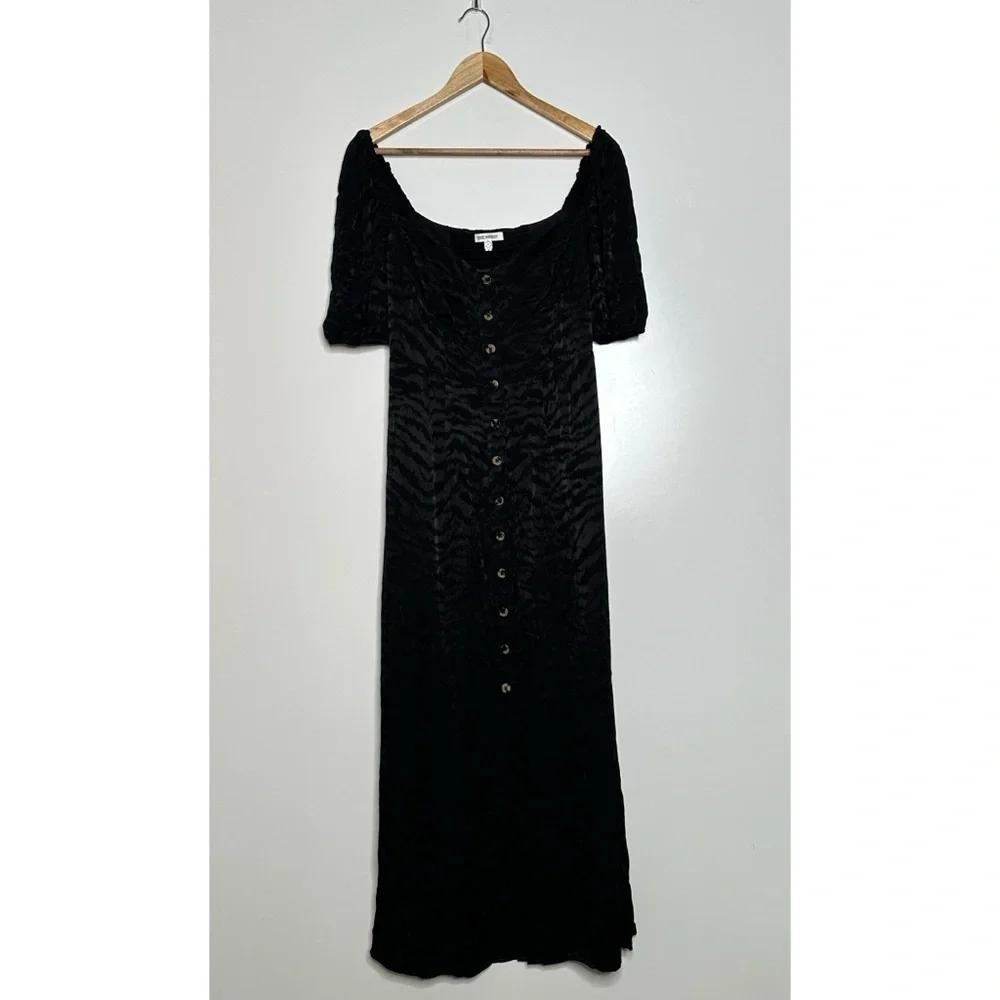 Good American Black Animal Print Button Front Puff Sleeve Corset Maxi Dress M